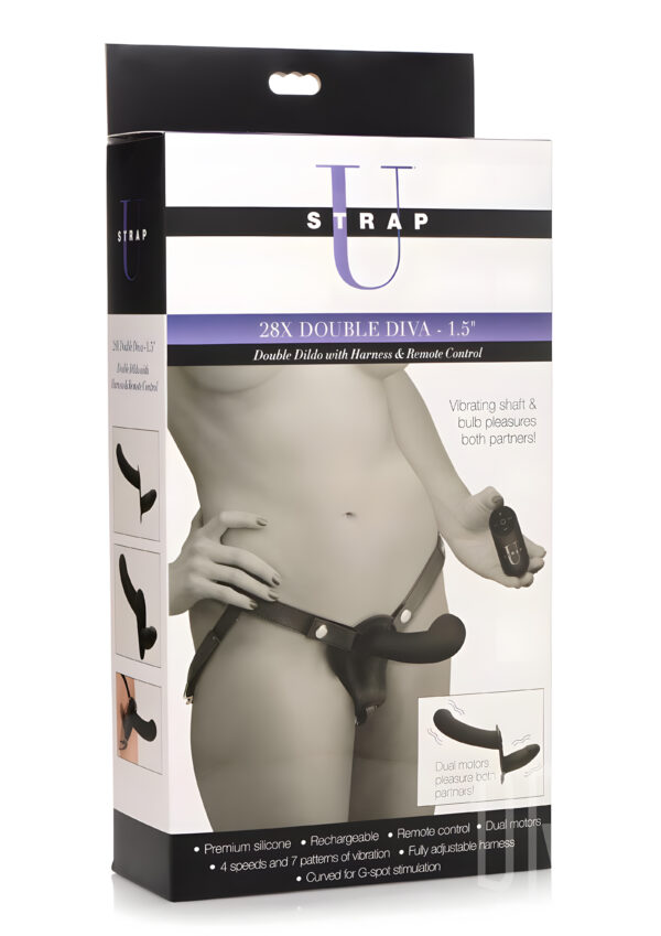 Double Diva 1.5 Inch Vibrating Double Dildo with Harness Black