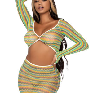 Green Summer Romance Net Top and Skirt Set