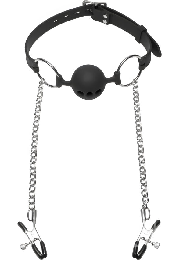 Hinder Breathable Silicone Ball Gag with Nipple Clamps
