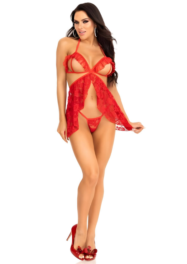 Red Lace Peekaboo Babydoll Lingerie with G-String Small